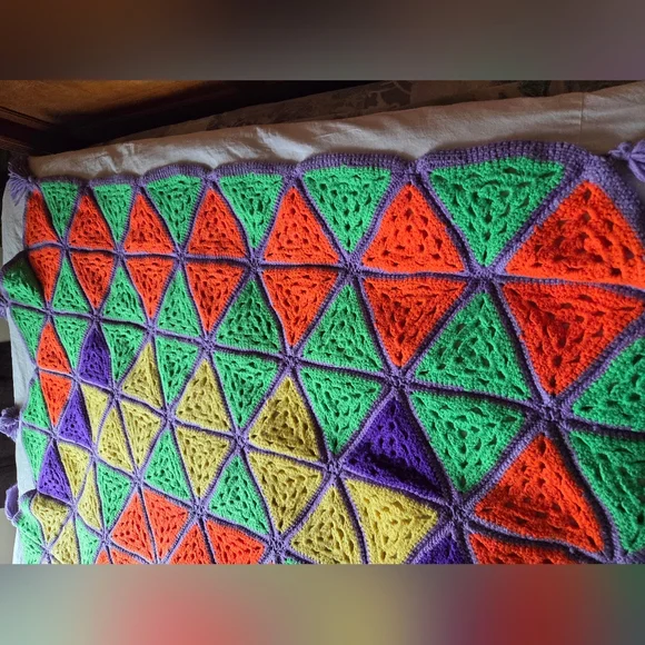 Vintage Colorful Geometric Handmade Crochet Blanket Afghan - Picture 10 of 14